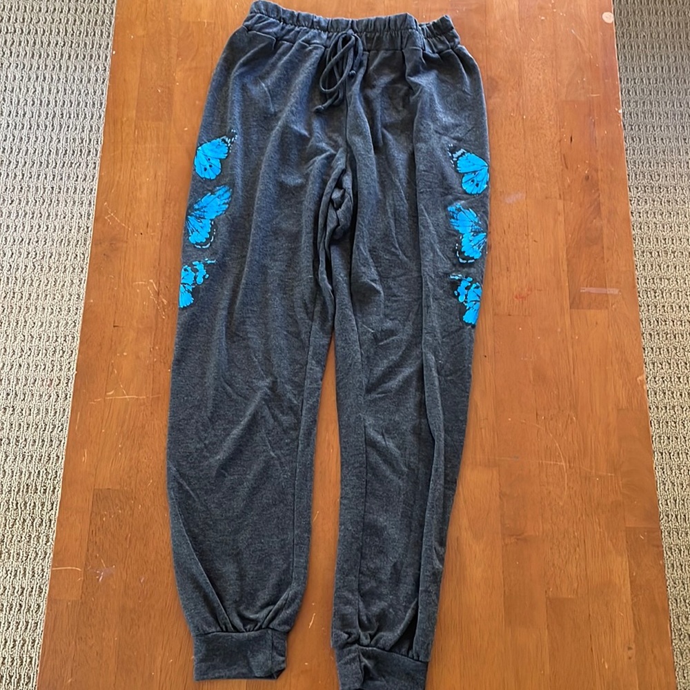 Grey cotton joggers with blue butterflies size small